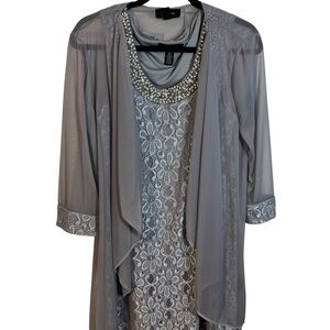 R&M Richards Gray Lace Midi Dress with Sheer Overlay